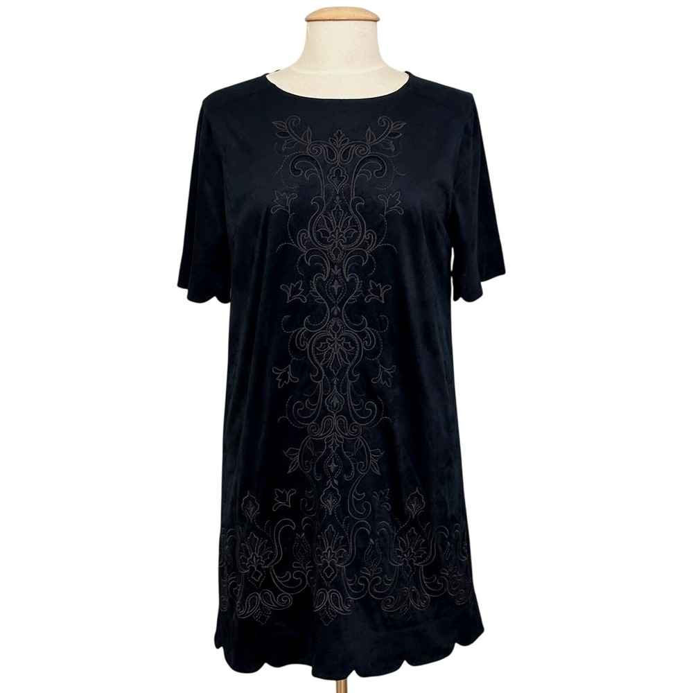 Miss Me Womens Dress M Blue Embroidered Faux Suede Scalloped Classic Occassion